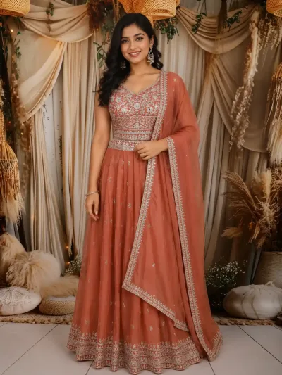 Dusty Peach Floral Sequins Embroidered Design Organza Lehenga with Dupatta
